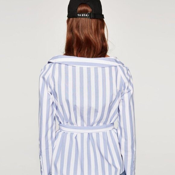 Zara Striped Wrap Blouse with Belt in Blue and White Size XS NEW WITHOUT TAG! - Picture 3 of 7